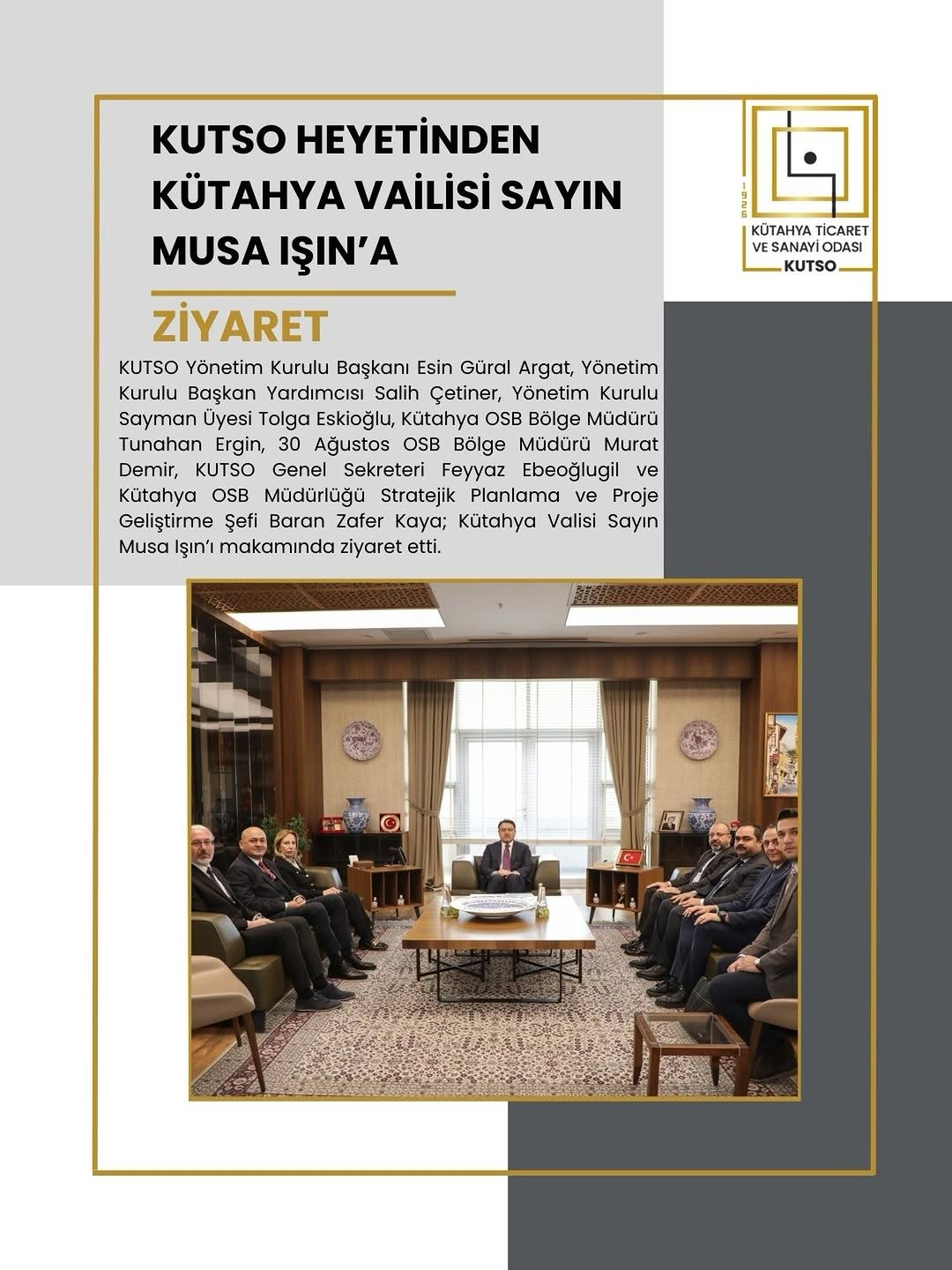 KUTSO Yönetimi Kütahya Valisi Musa Işın'ı Ziyaret Etti