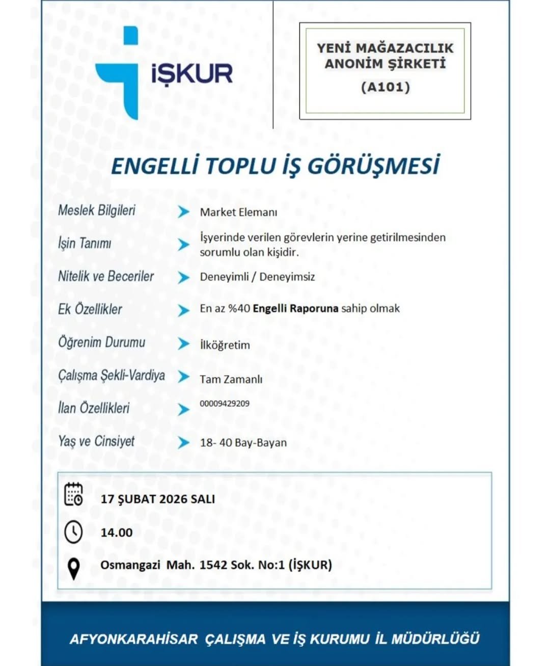 A101 Market Engelli Personel Alımı İlanı