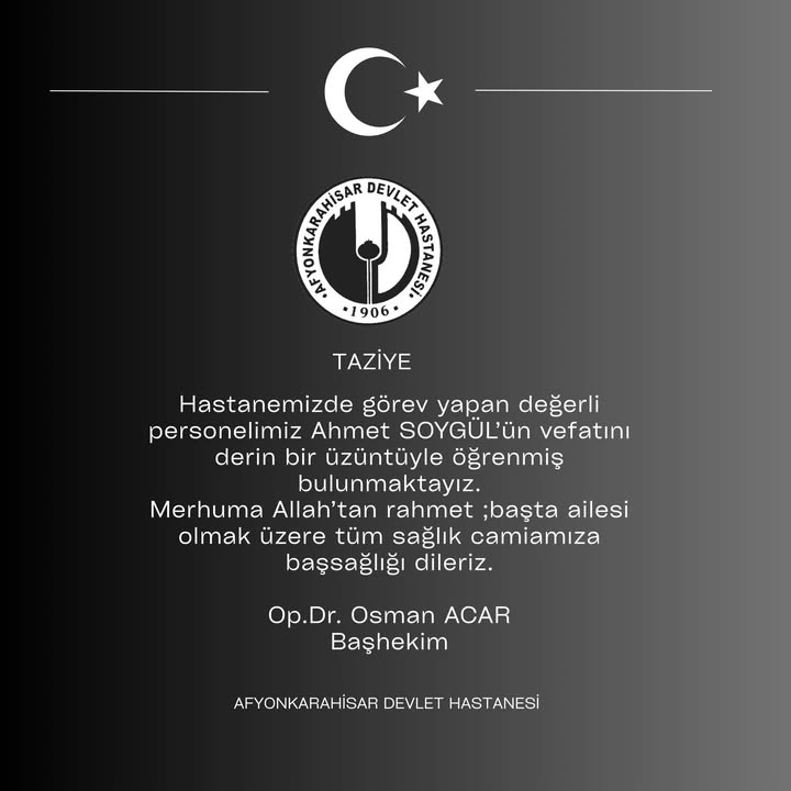 Afyonkarahisar Devlet Hastanesi'nden Başsağlığı Mesajı