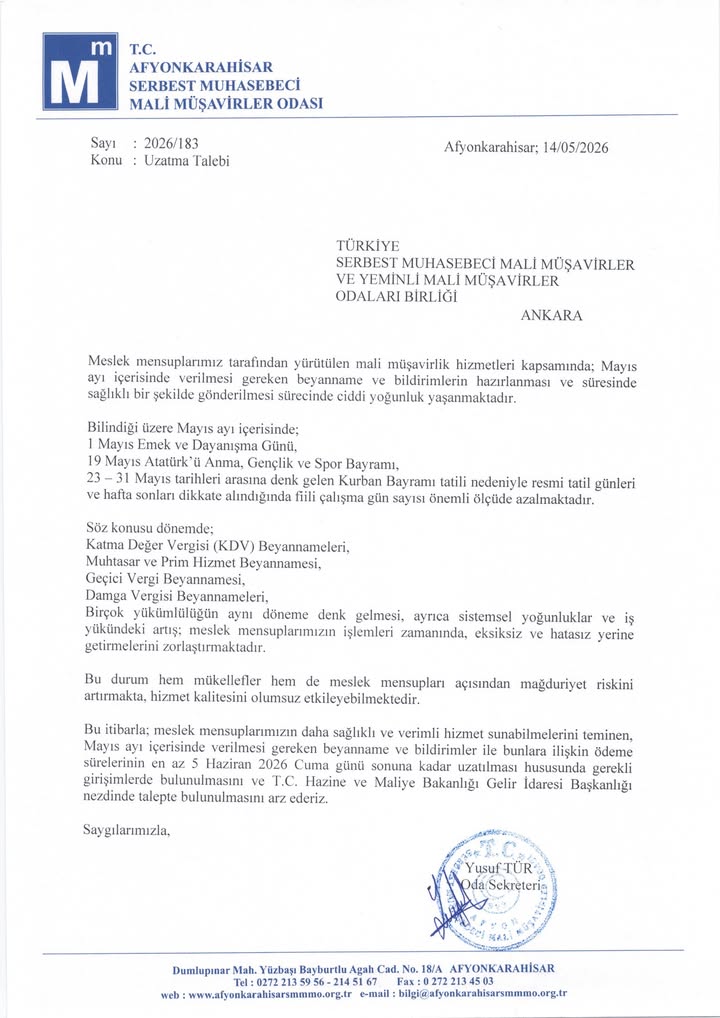 Afyonkarahisar Mali Müşavirler Odası'ndan Uzatma Talebi