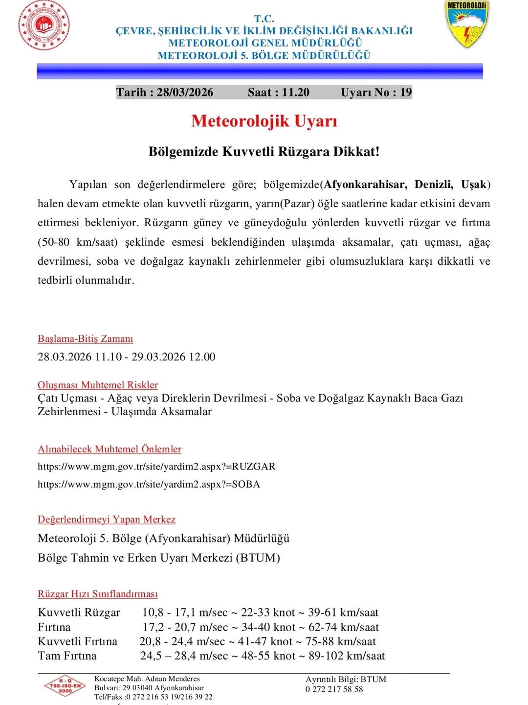 Afyonkarahisar Meteoroloji 5. Bölge Müdürlüğü'nden Kuvvetli Rüzgar ve Fırtına Uyarısı