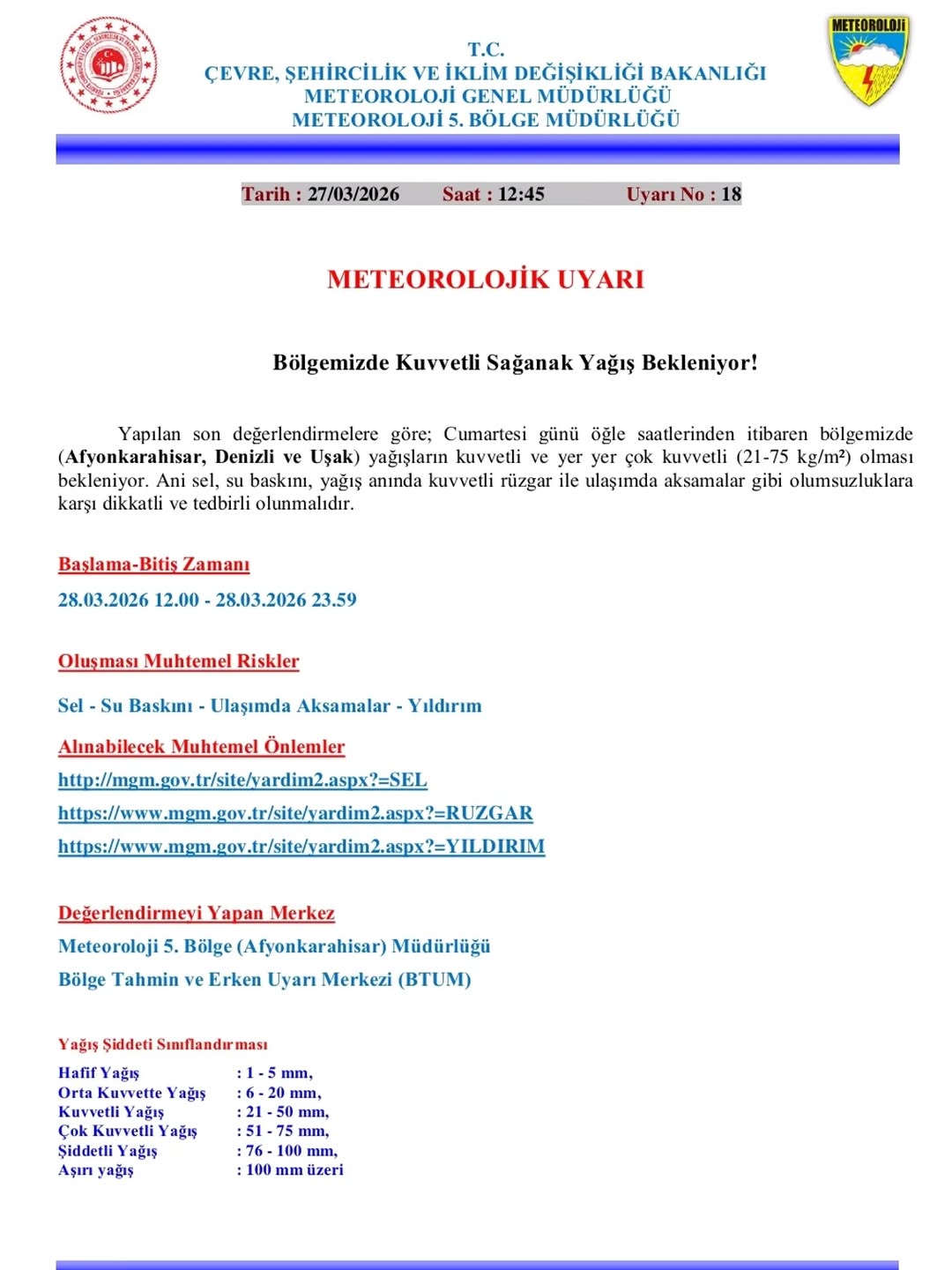 Afyonkarahisar Meteoroloji 5. Bölge Müdürlüğü'nden Kuvvetli Sağanak Yağış Uyarısı