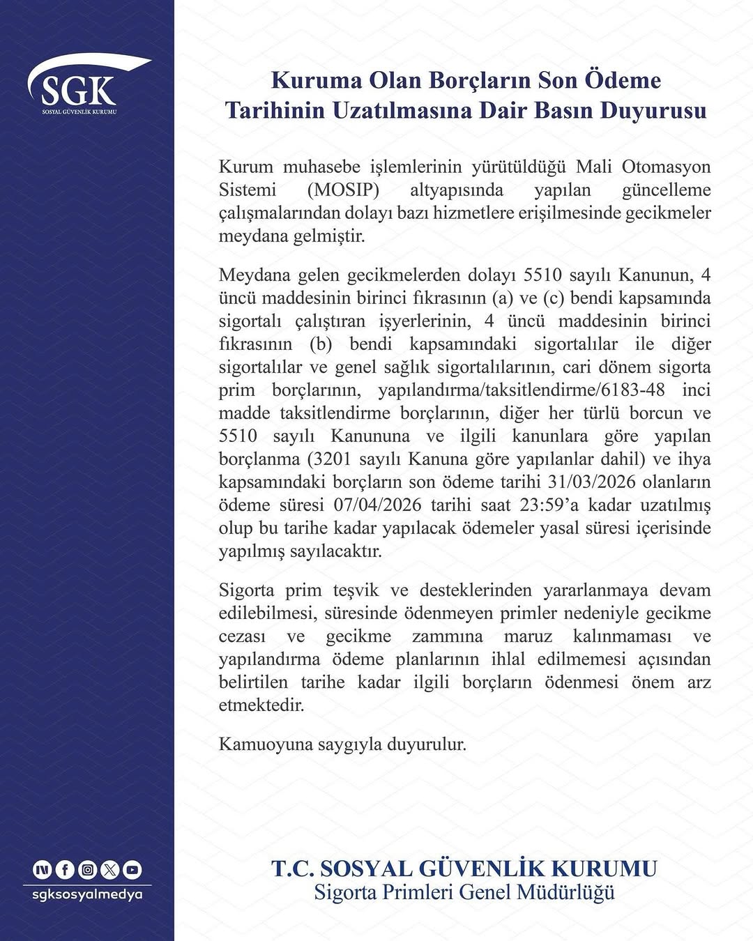 Afyonkarahisar Sgk İl Müdürlüğü'nden Önemli Duyuru: Borç Ödeme Tarihi Uzatıldı