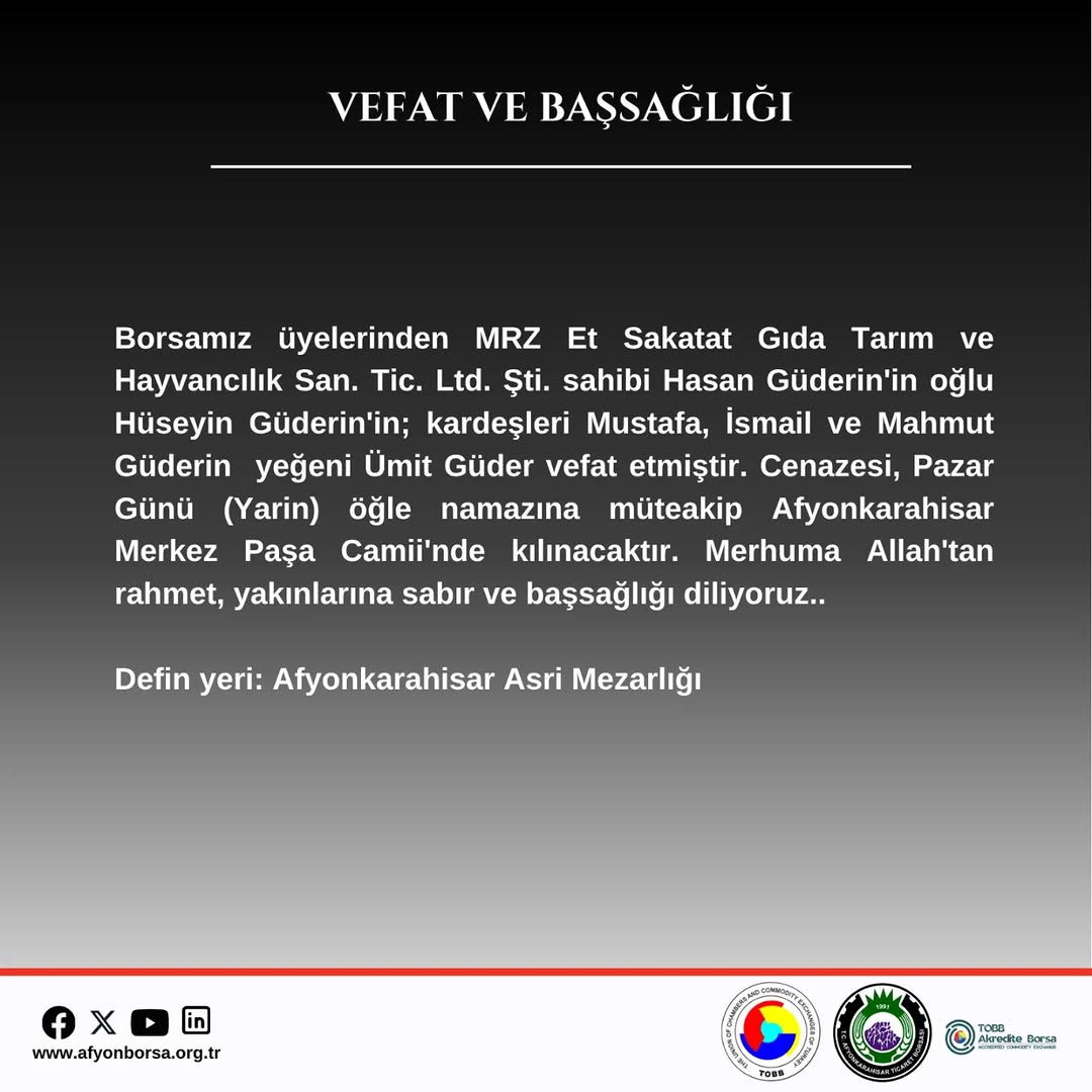 Afyonkarahisar Ticaret Borsası'ndan Başsağlığı Mesajı