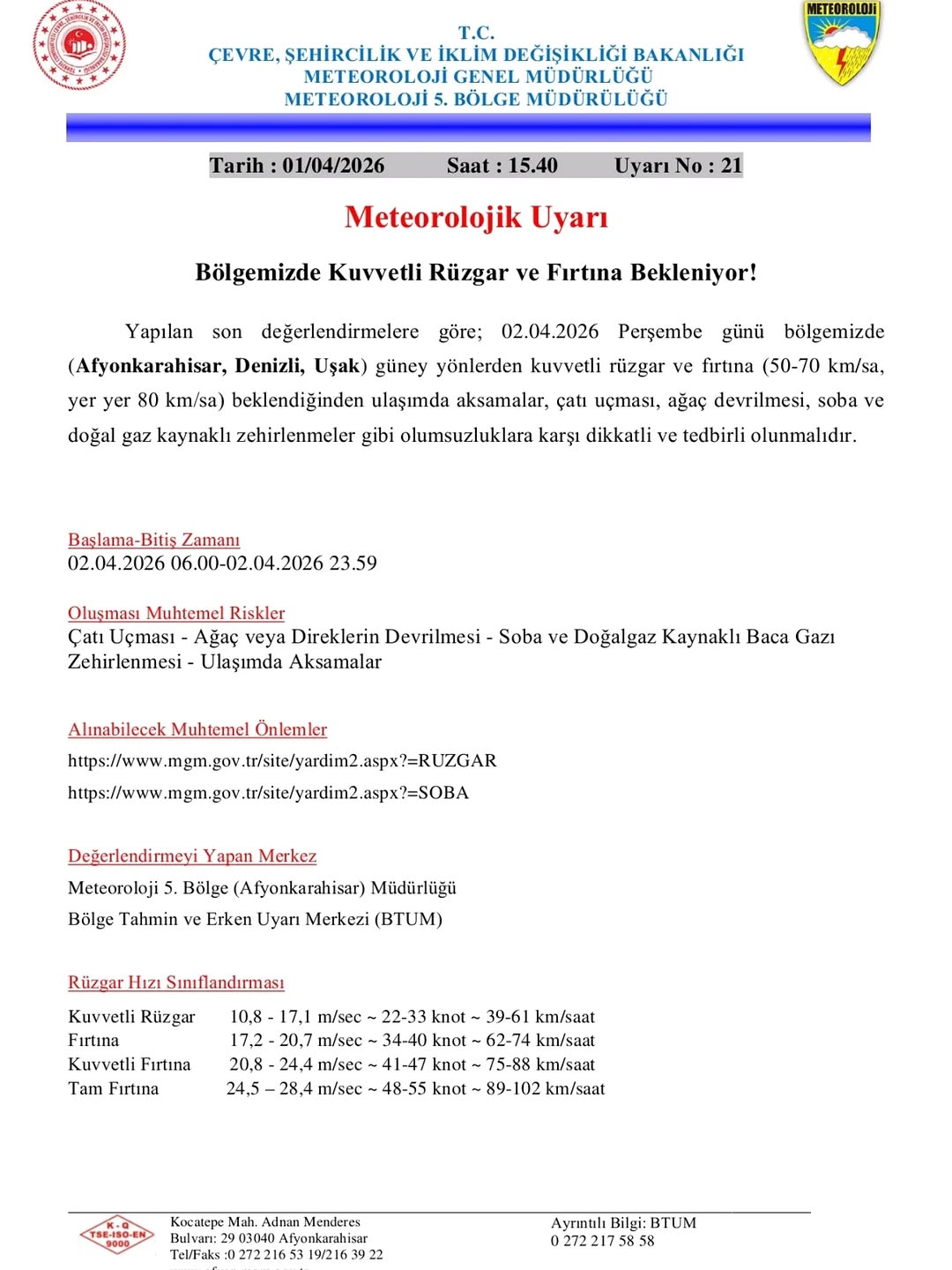 Afyonkarahisar ve Denizli İçin Meteorolojik Uyarı: Kuvvetli Rüzgar ve Fırtınaya Dikkat!