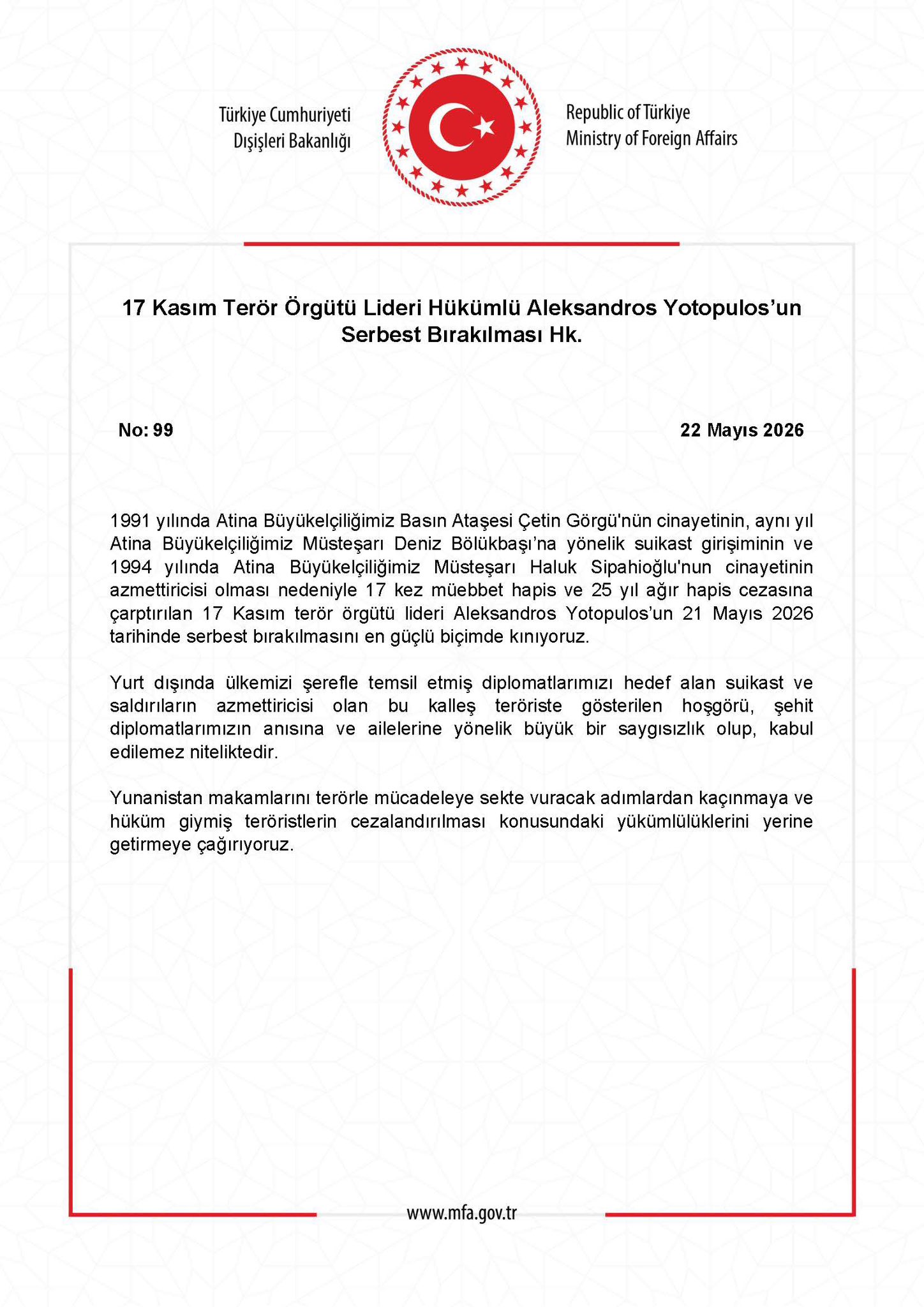 Aleksandros Yotopoulos'un serbest bırakılması hakkında açıklama