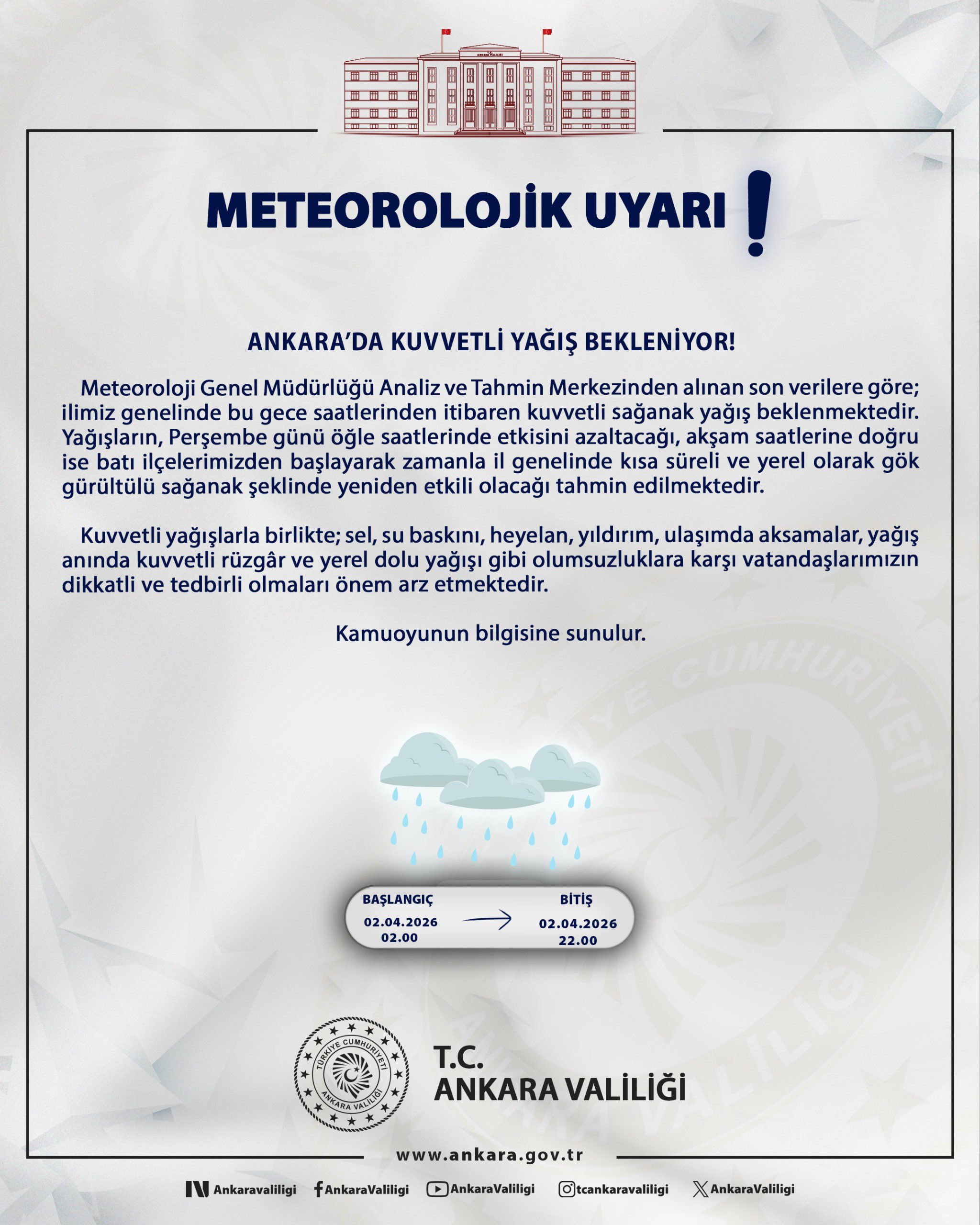 Ankara'da Kuvvetli Yağış Bekleniyor