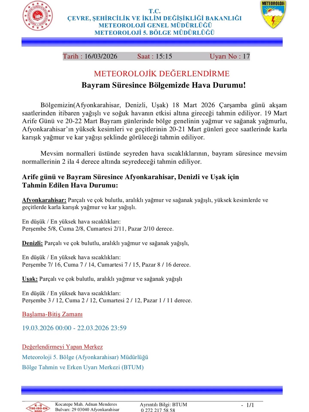 Bayram Süresince Bölgemizde Hava Durumu