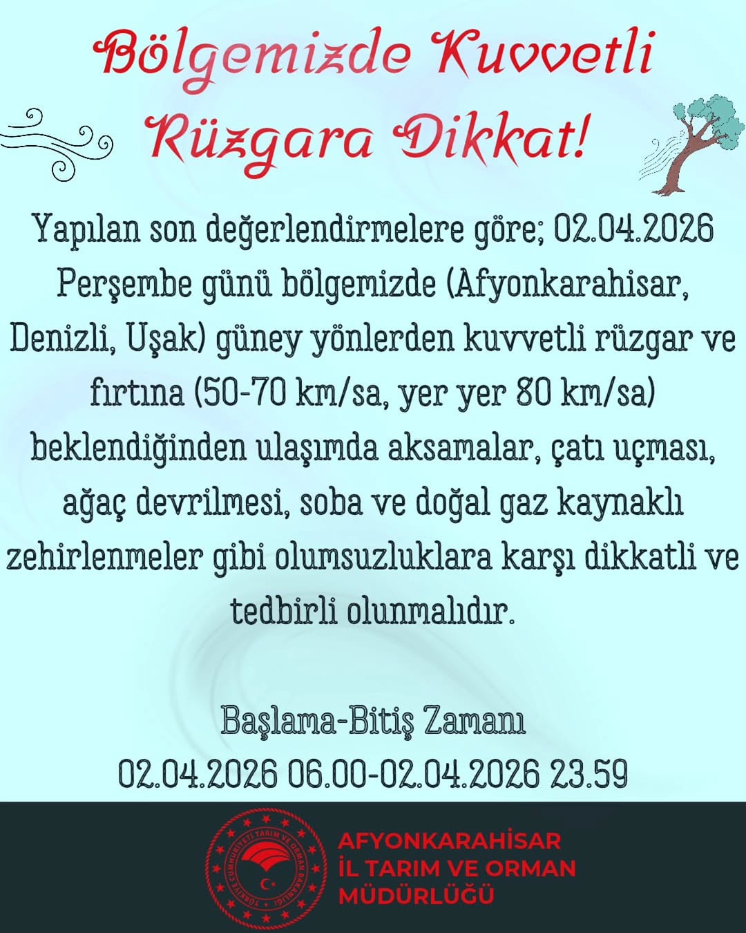 Bölgemizde Kuvvetli Rüzgara Dikkat! Afyonkarahisar İl Tarım Ve Orman Müdürlüğü Açıkladı