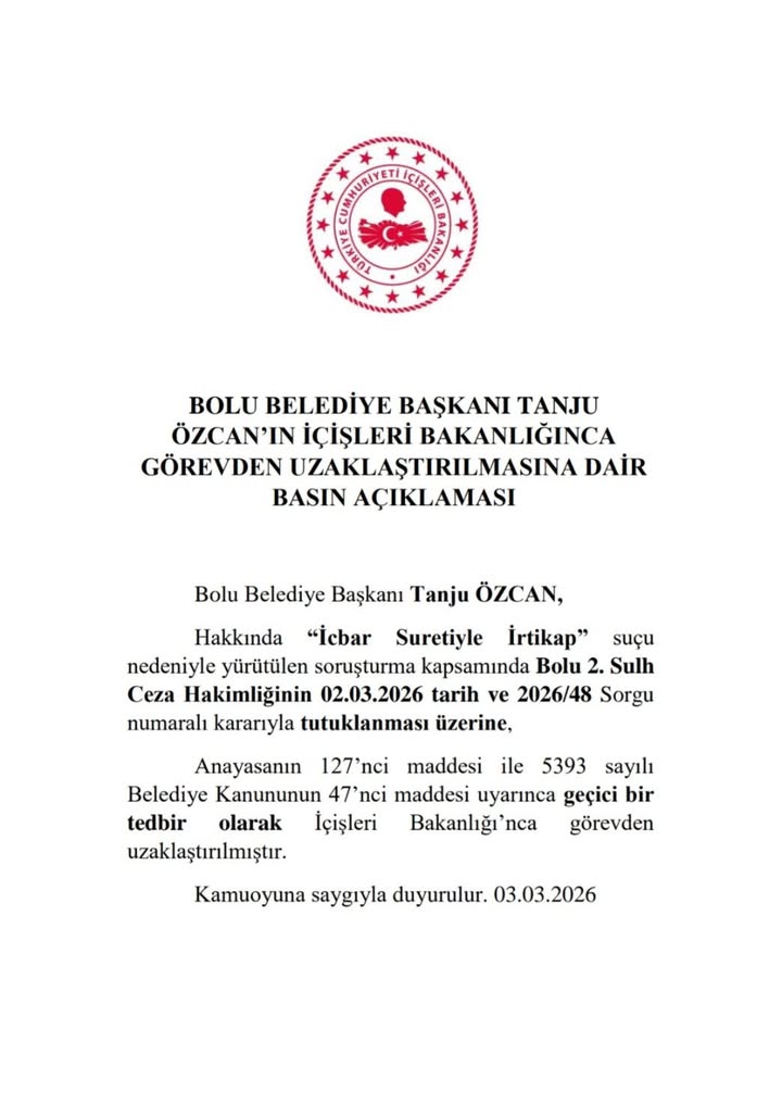 BOLU BELEDİYE BAŞKANI TANJU ÖZCAN İÇİŞLERİ BAKANLIĞI TARAFINDAN GÖREVDEN UZAKLAŞTIRILDI