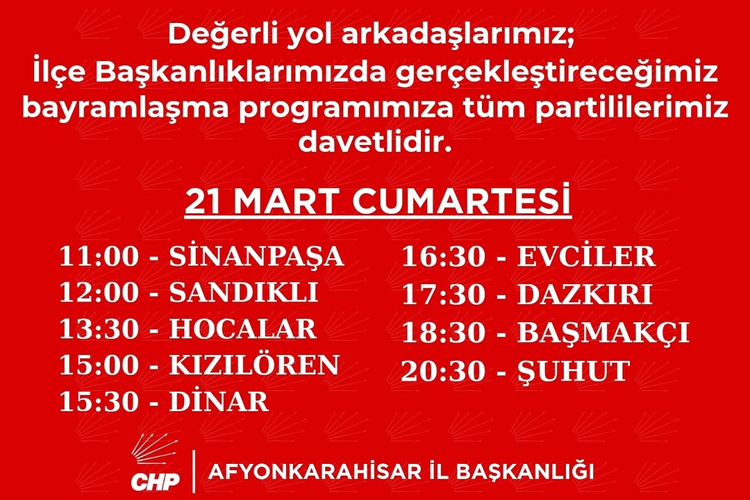 CHP Afyonkarahisar İl Başkanlığı'ndan Davet: Bayramlaşma Programına Davet