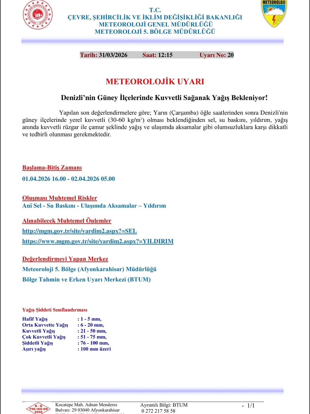 Denizli'nin Güney İlçelerine Meteorolojik Uyarı