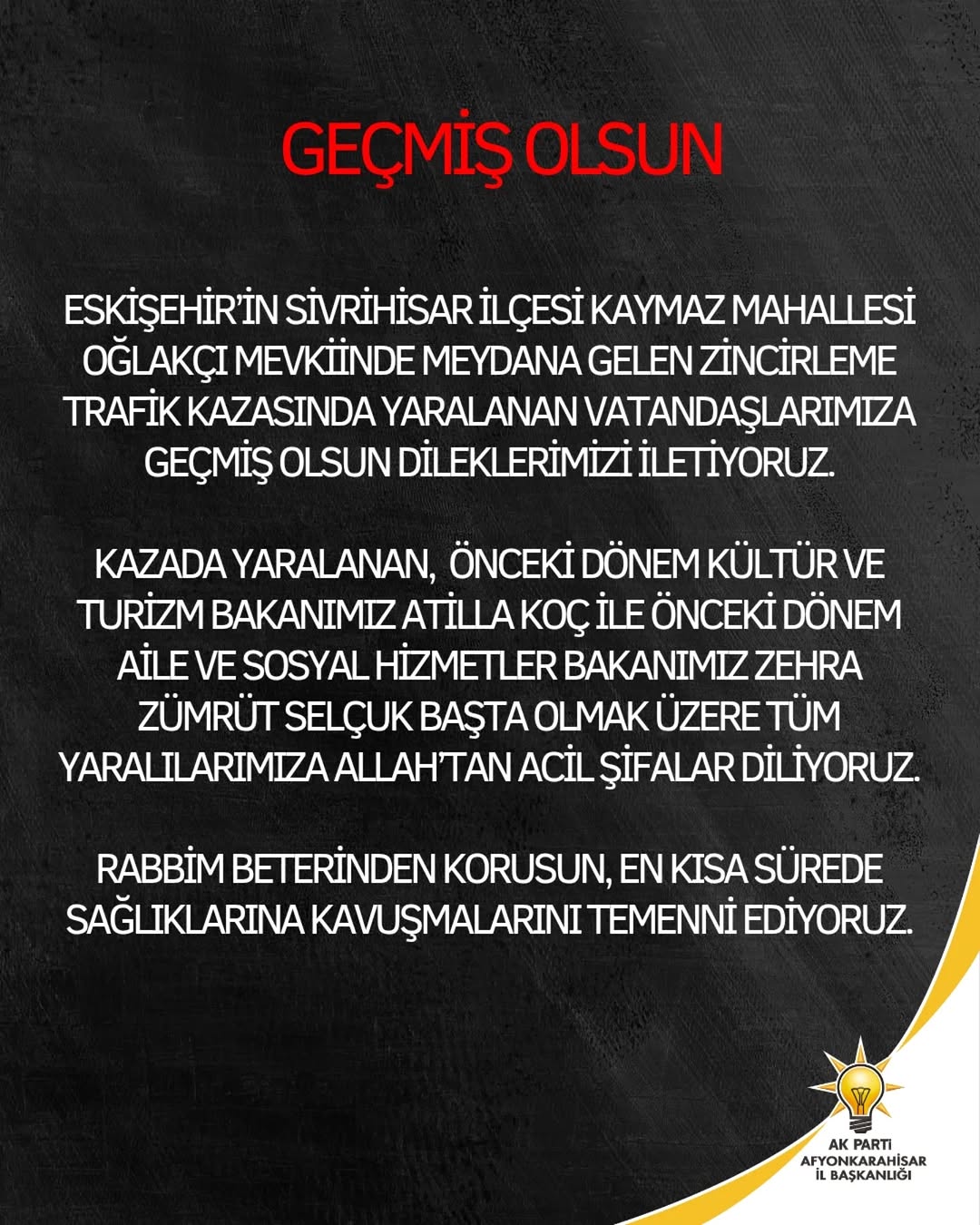Eskişehir Sivrihisar'da Zincirleme Trafik Kazasında Yaralananlara Geçmiş Olsun Dileği