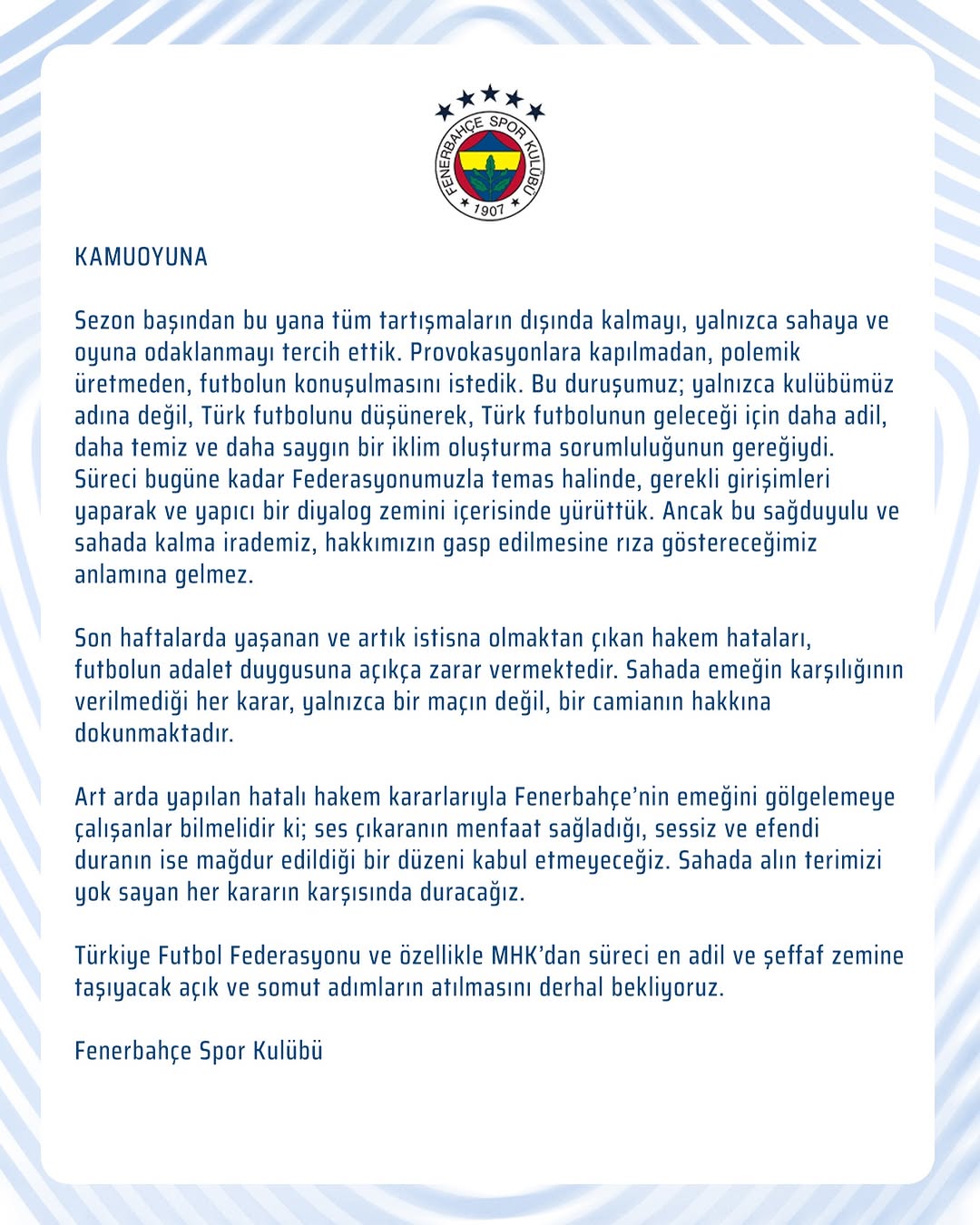 Fenerbahçe'den Hakem Hatalarına Tepki: Kamuoyuna Açıklama