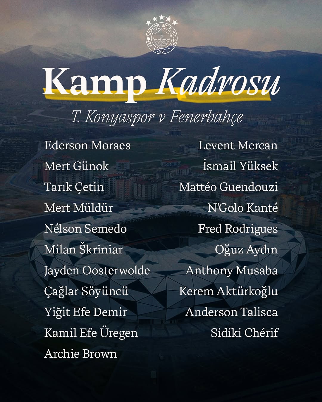 Fenerbahçe'nin T. Konyaspor Maçı Kamp Kadrosu Açıklandı