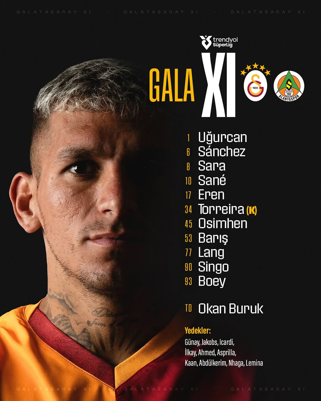 Galatasaray'ın C. Alanyaspor Maçı İlk 11 ve Yedek Kadrosu Belli Oldu