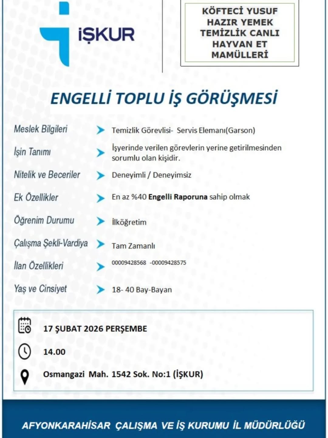 Köfteci Yusuf, Engelli Personel Alımı Yapacak