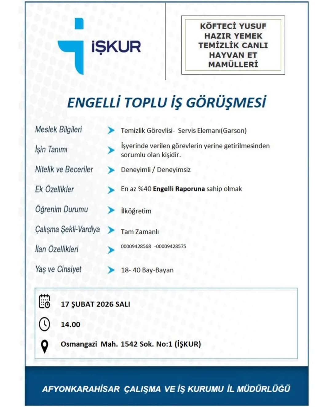 Köfteci Yusuf Engelli Personel Alımı Yapacak