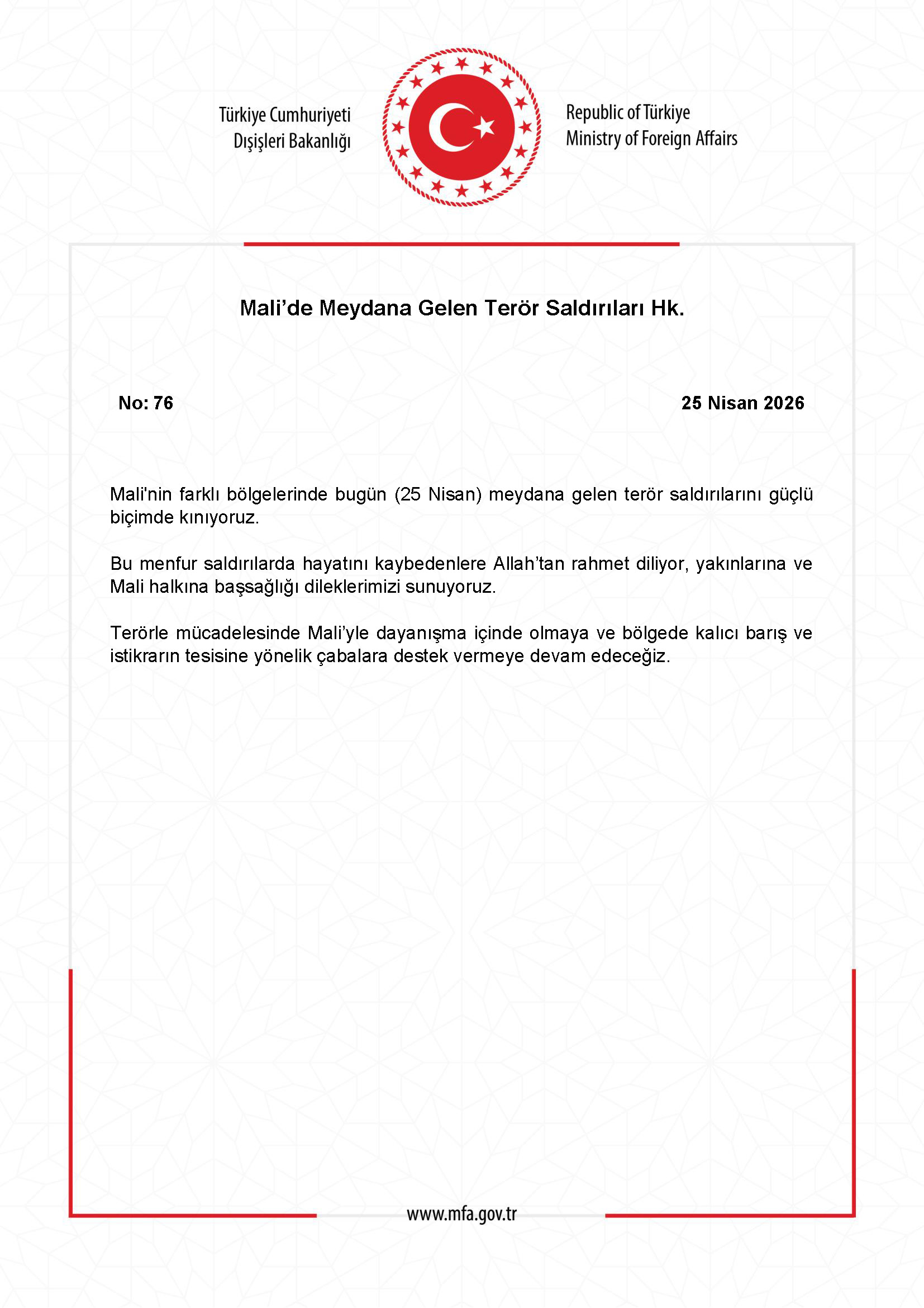 Mali'deki Terör Saldırıları Hakkında Açıklama