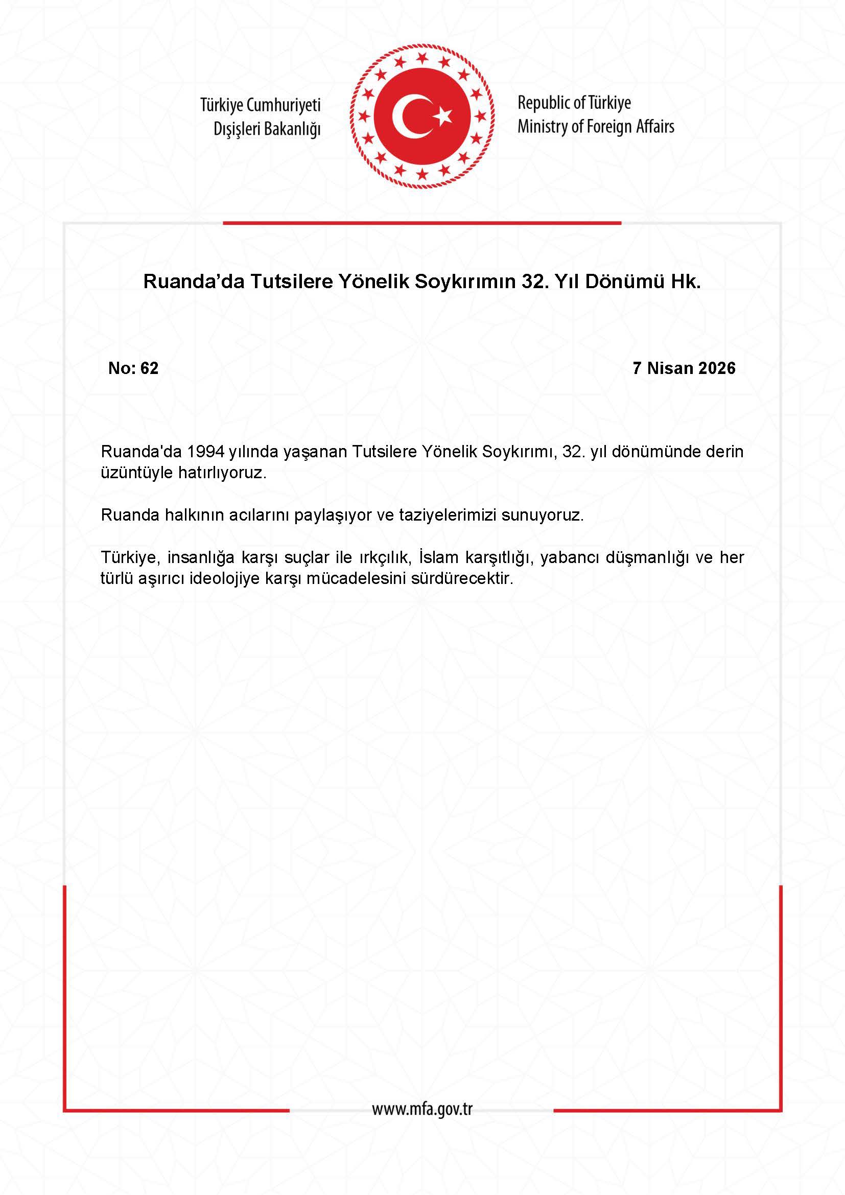 Ruanda'daki Tutsi Soykırımı'nın 32. Yıl Dönümü Anıldı