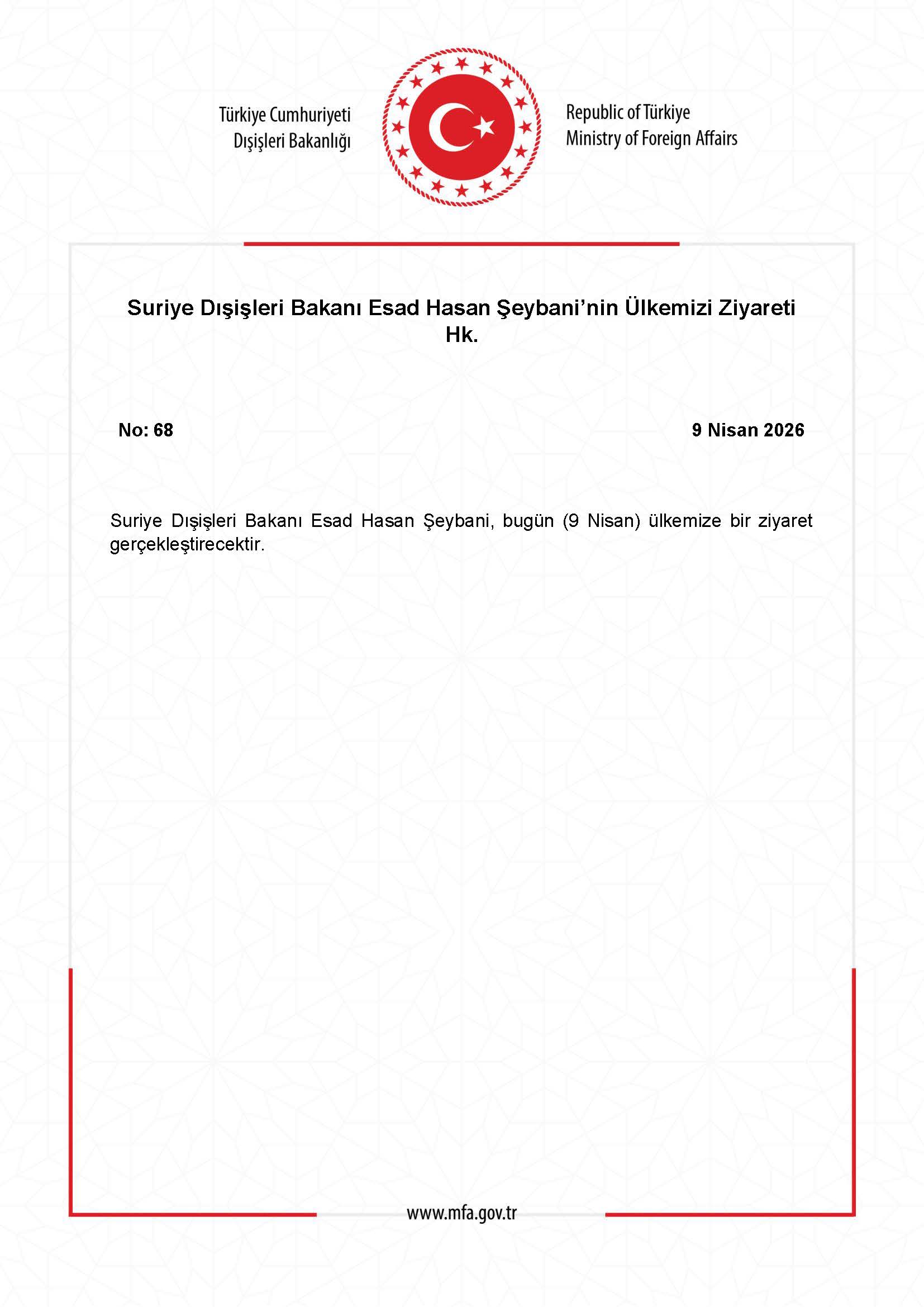 Suriye Dışişleri Bakanı'nın Ülkemizi Ziyareti