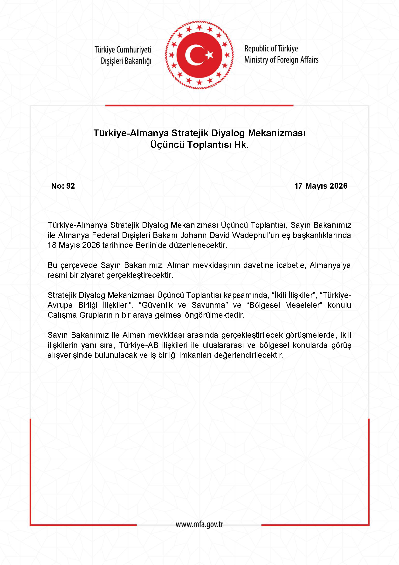 Türkiye-Almanya Stratejik Diyalog Mekanizması Üçüncü Toplantısı