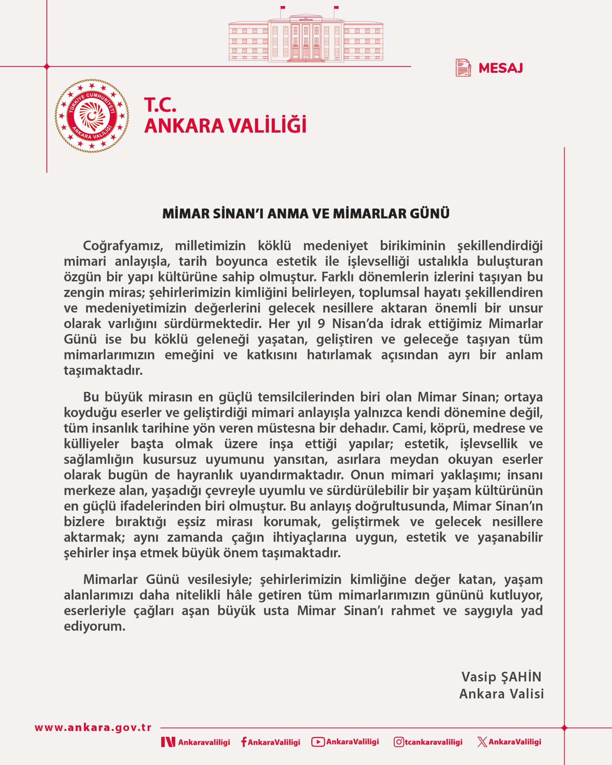 Vali Vasip Şahin'den Mimar Sinan ve Mimarlar Günü Mesajı