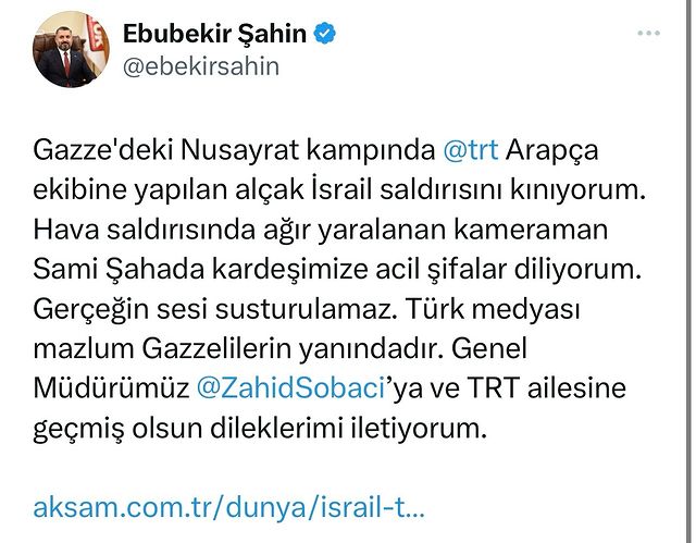 RTÜK Başkanı Şahin, Gazze'deki TRT Arapça ekibine yapılan İsrail saldırısını kınadı