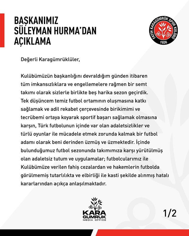 Karagümrük Spor Kulübü’nden Adaletsizlik İddiaları: Başkan Süleyman Hurma Sert Konuştu