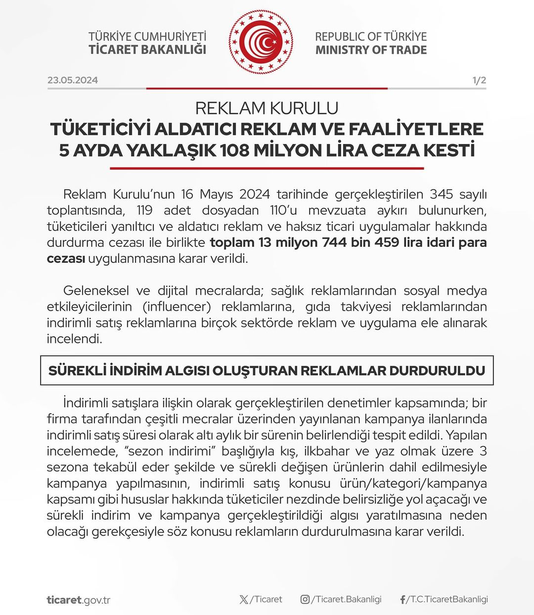 Ticaret Bakanlığı: İlk Beş Ayda Tüketiciyi Aldatan Reklamlara 108 Milyon TL Cezai İşlem Uygulandı