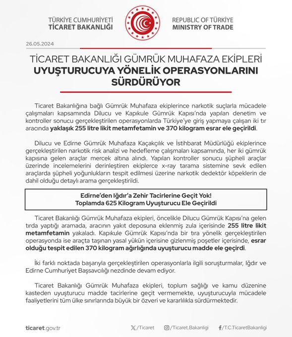 Ticaret Bakanlığı Gümrük Muhafaza Ekipleri, Uyuşturucu Kaçakçılığına Karşı Operasyonlarını Sürdürüyor