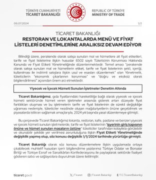 Ticaret Bakanlığı, lüks restoran ve lokantalarda fiyat denetimlerine devam ediyor