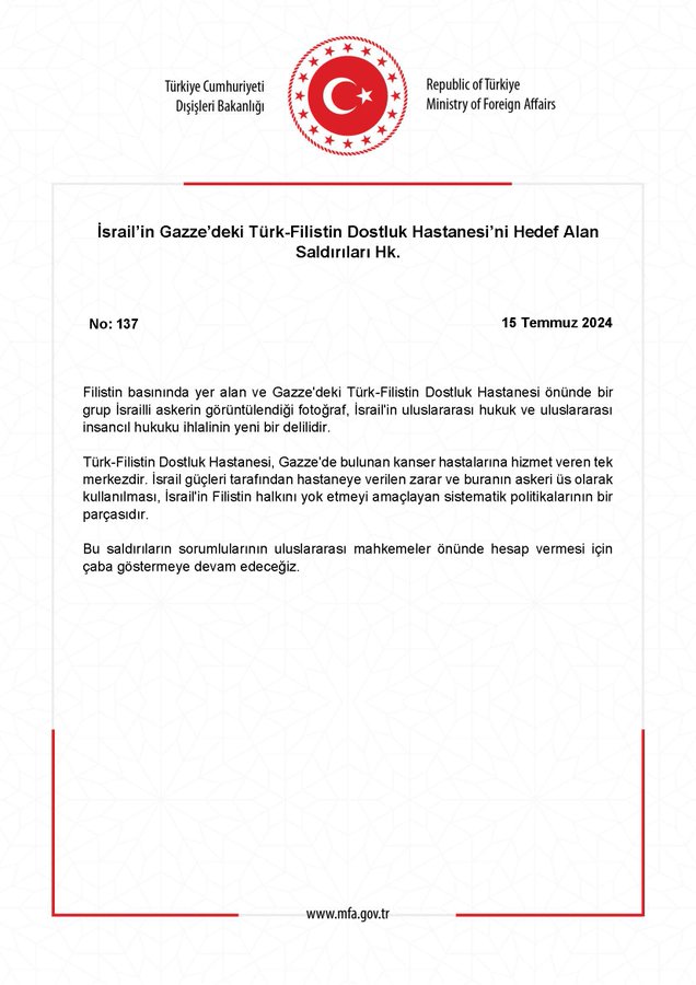 T.C. Dışişleri Bakanlığı İsrail'in Türk-Filistin Dostluk Hastanesi'ne Yönelik Saldırılarına Tepki Gösteriyor