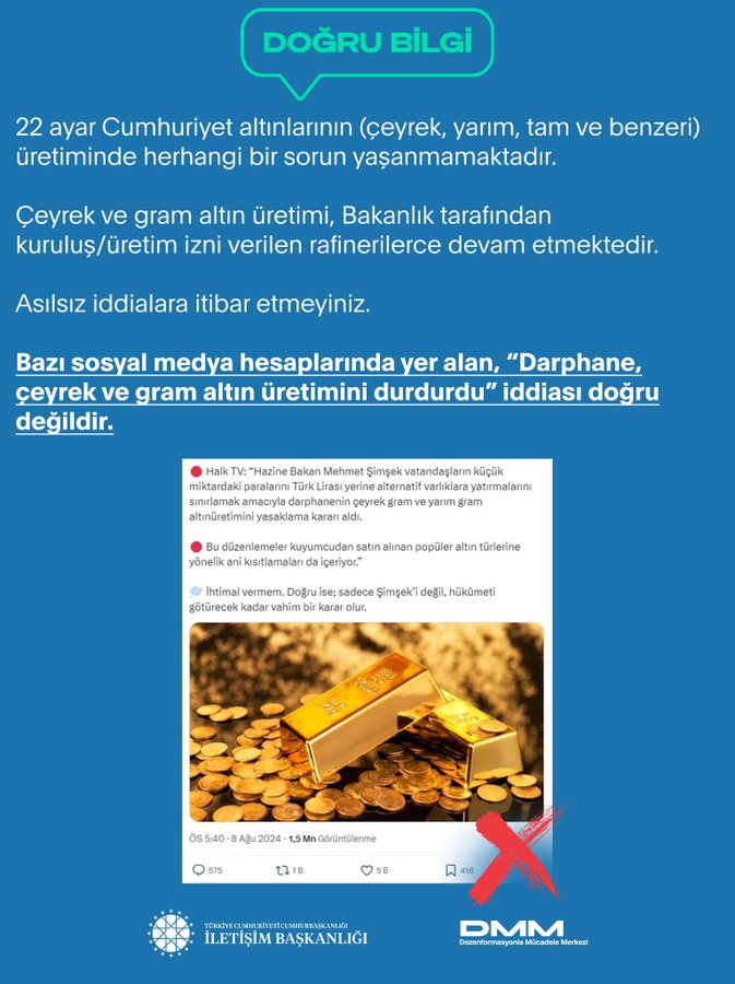 Cumhurbaşkanlığı İletişim Başkanlığı: Darphane ve rafineriler altın üretimine devam ediyor