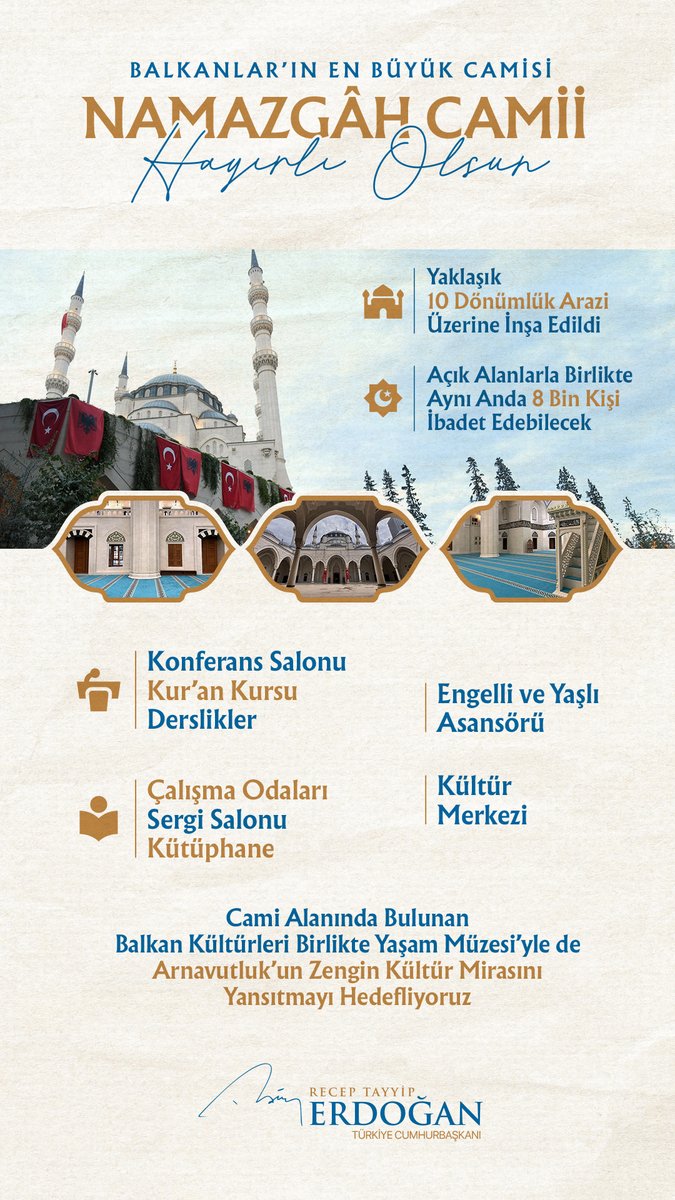 Bugün Tiran'da Balkanlar'ın en büyük camisi Namazgâh Camii açıldı