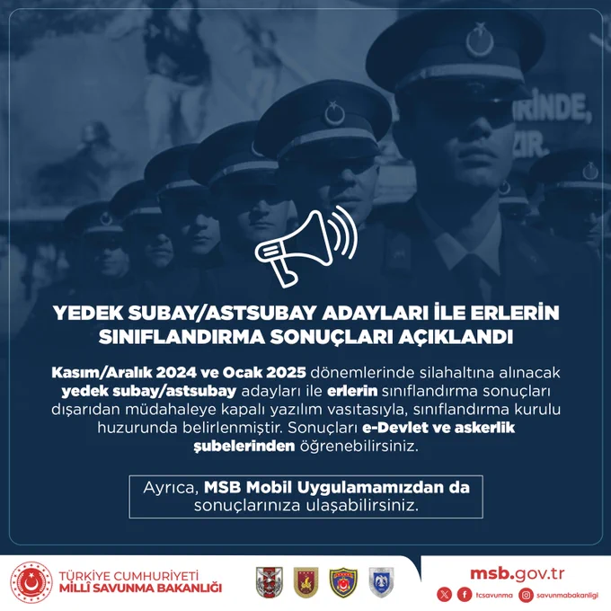 Kasım/Aralık 2024 ve Ocak 2025 Döneminde Yedek Subay ve Astsubay Adayları İçin Sınıflandırma Sonuçları Açıklandı