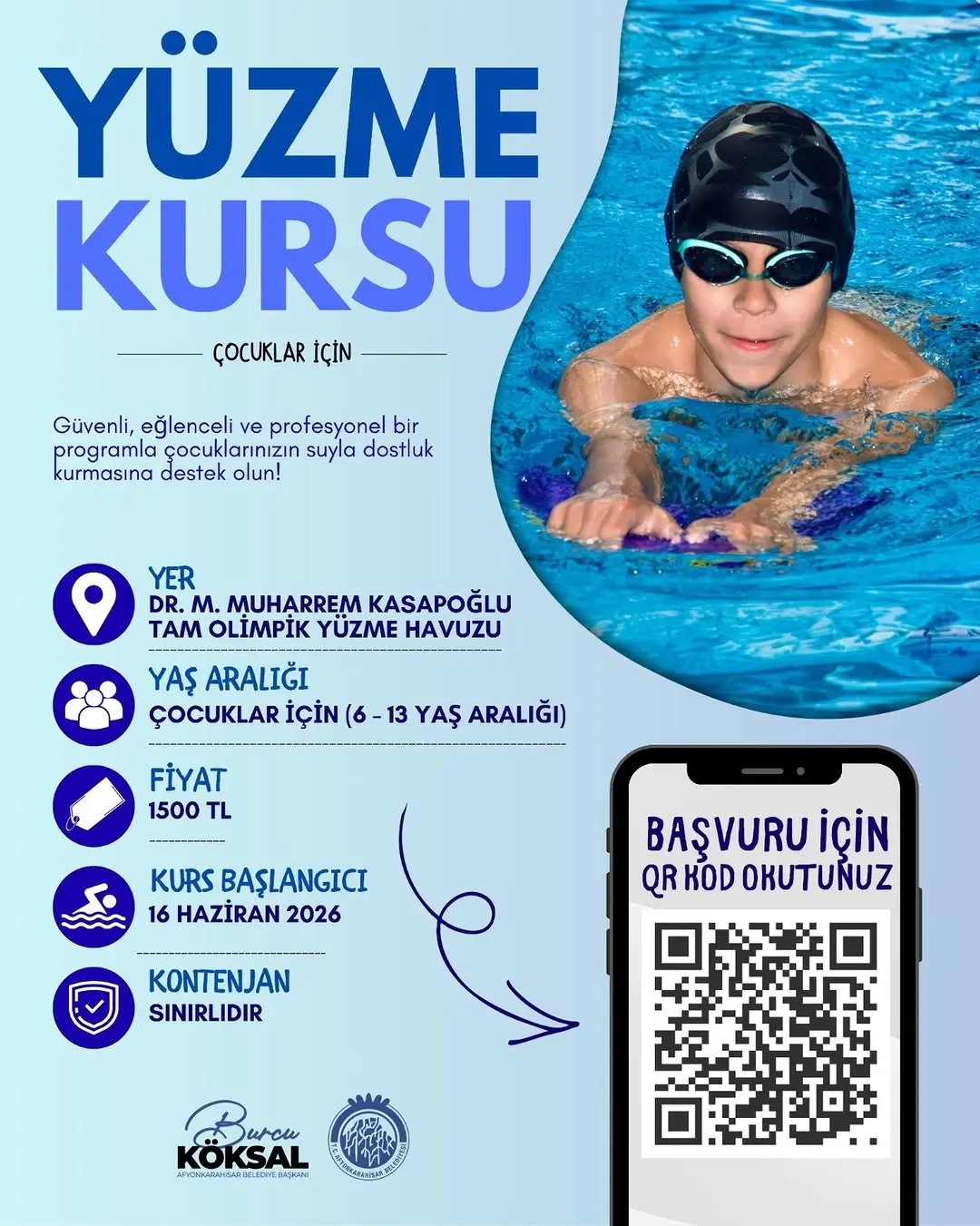 Afyonkarahisar Belediyesi'nden Yüzme Kursu Başvuru Duyurusu