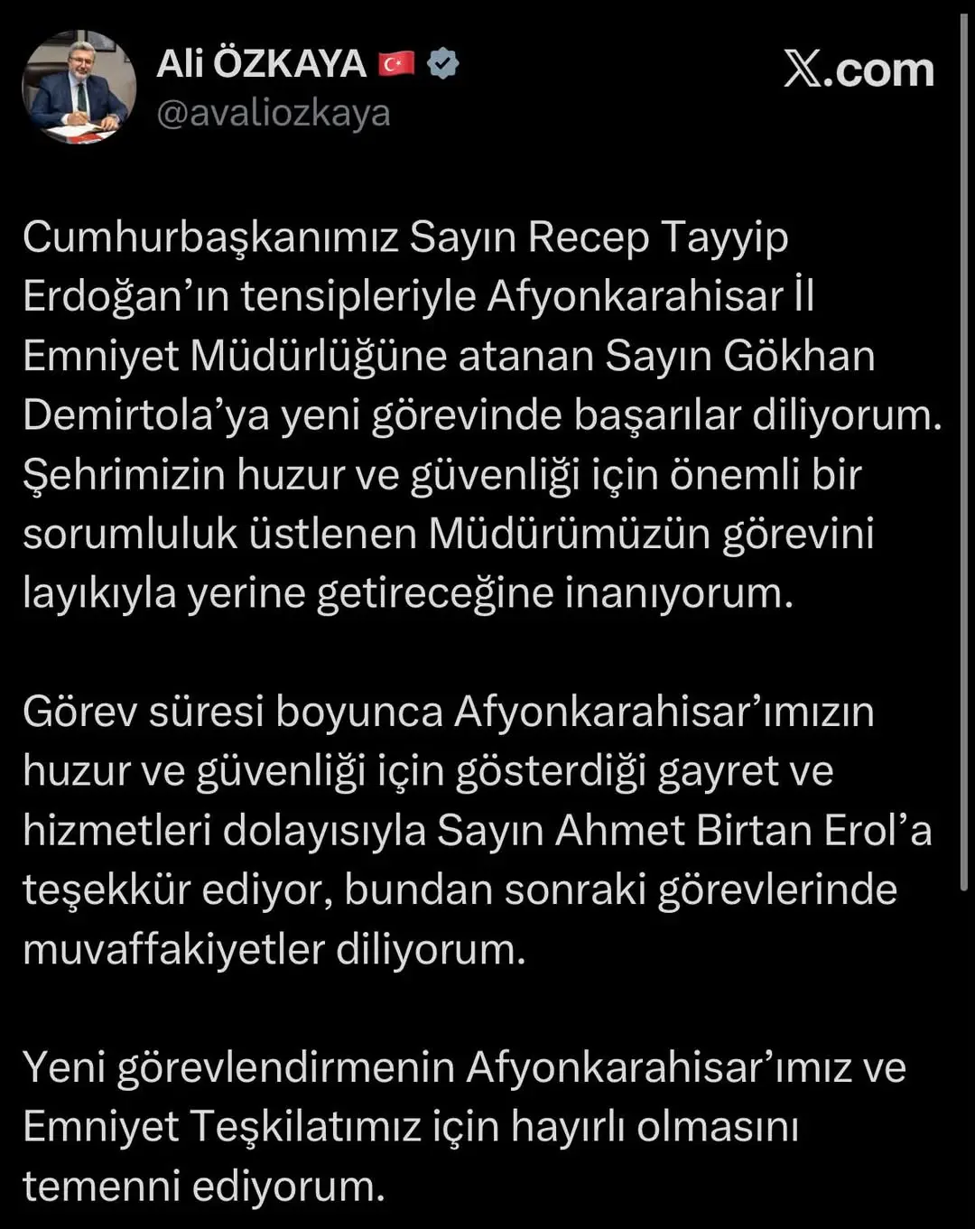 Afyonkarahisar İl Emniyet Müdürlüğüne Yeni Atama