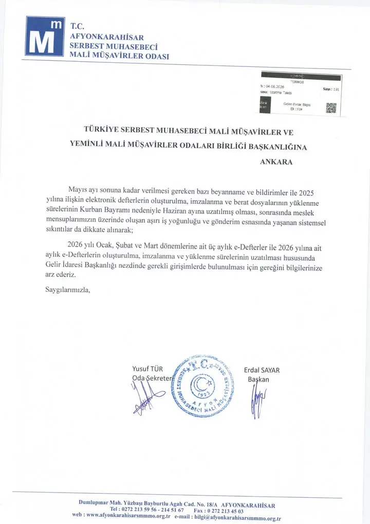 Afyonkarahisar Mali Müşavirler Odası'ndan Uzatma Talebi Açıklaması