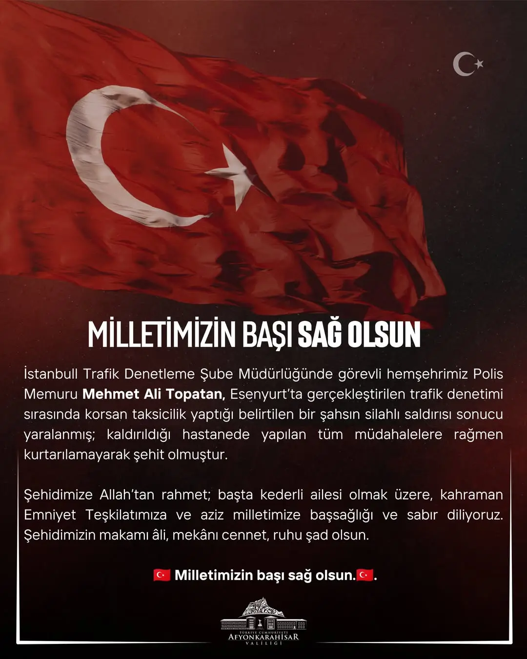 Afyonkarahisar Valiliği'nden Başsağlığı Mesajı