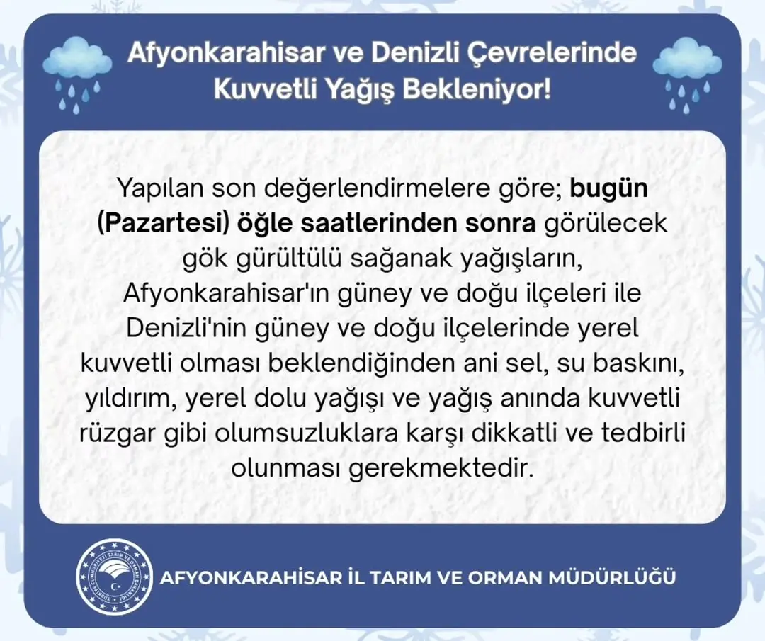 Afyonkarahisar ve Denizli Çevrelerinde Kuvvetli Yağış Bekleniyor!