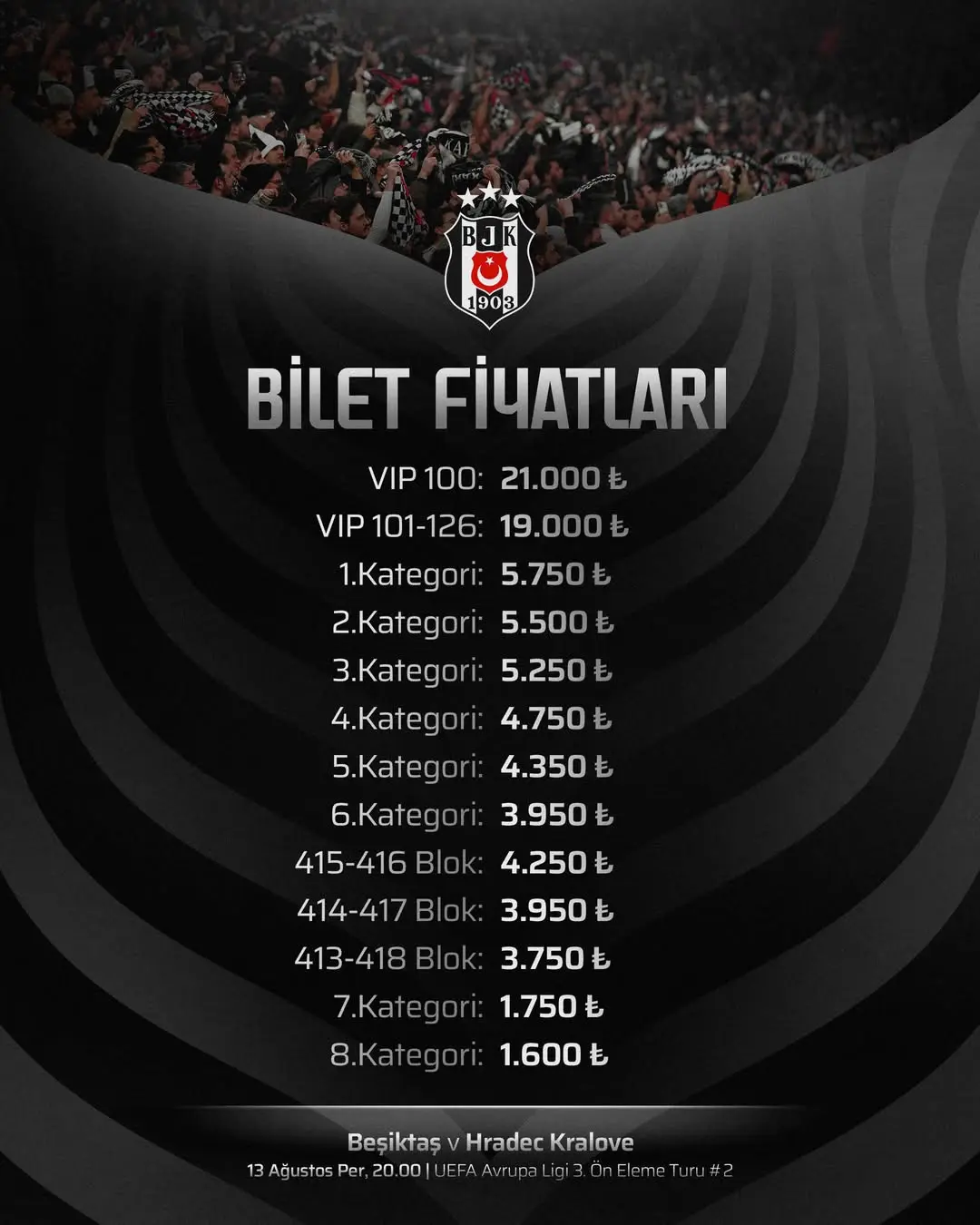 Beşiktaş, Hradec Kralove Maçı Biletleri Hakkında Bilgilendirme