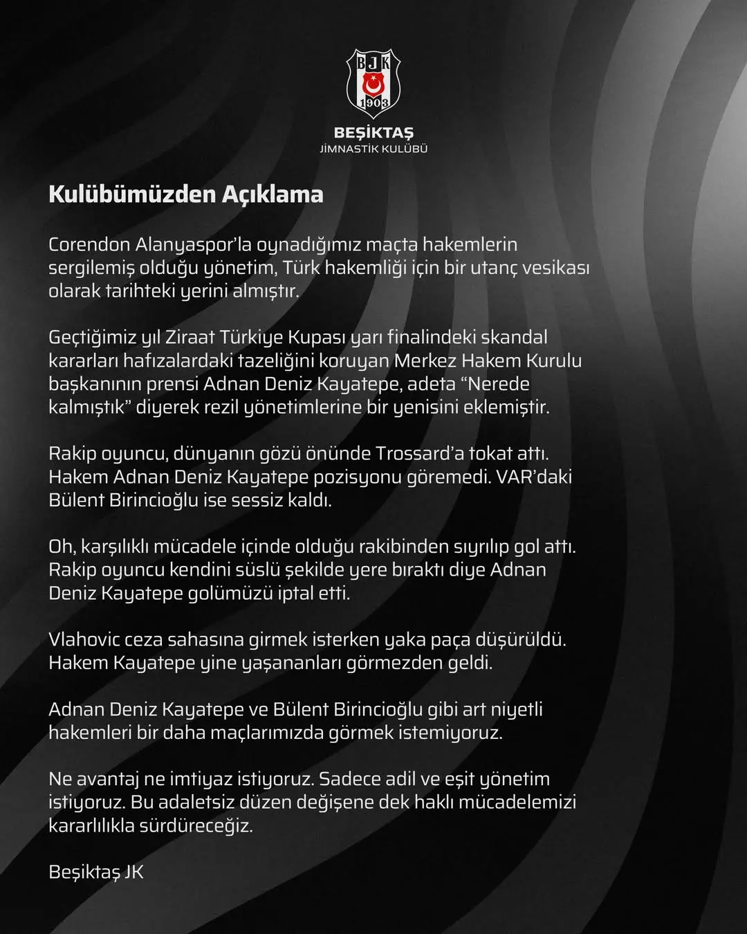 Beşiktaş JK'tan Hakem Kararlarına Tepki: 'Adil ve Eşit Yönetim İstiyoruz'