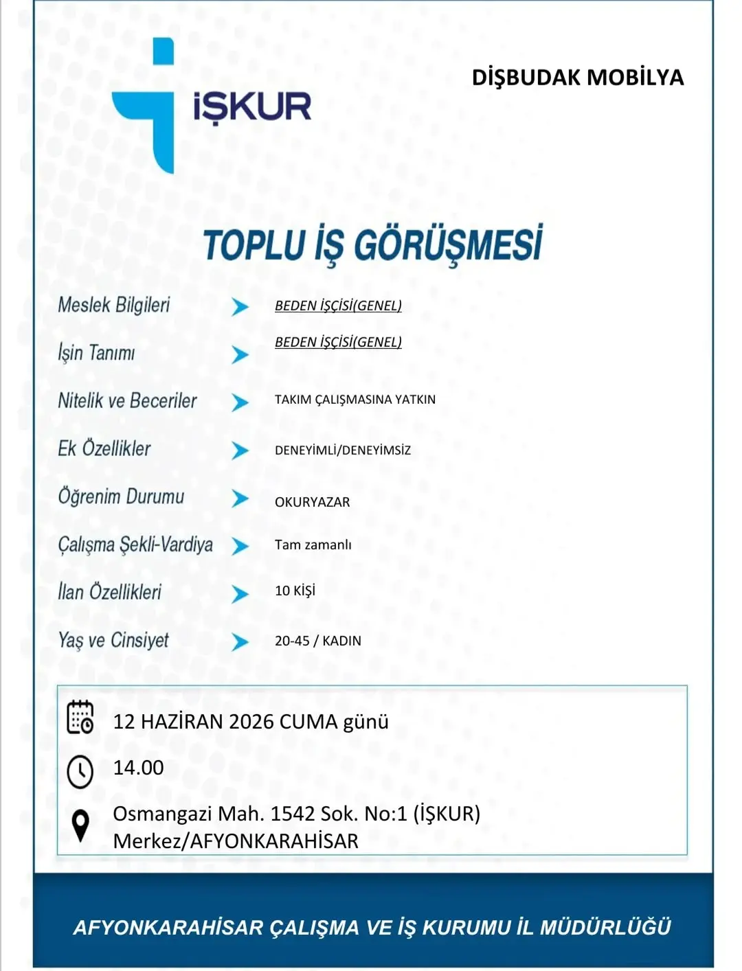Dişbudak Mobilya ve Dekorasyon San. ve Tic. Ltd. Şti. Personel Alımı İlanı
