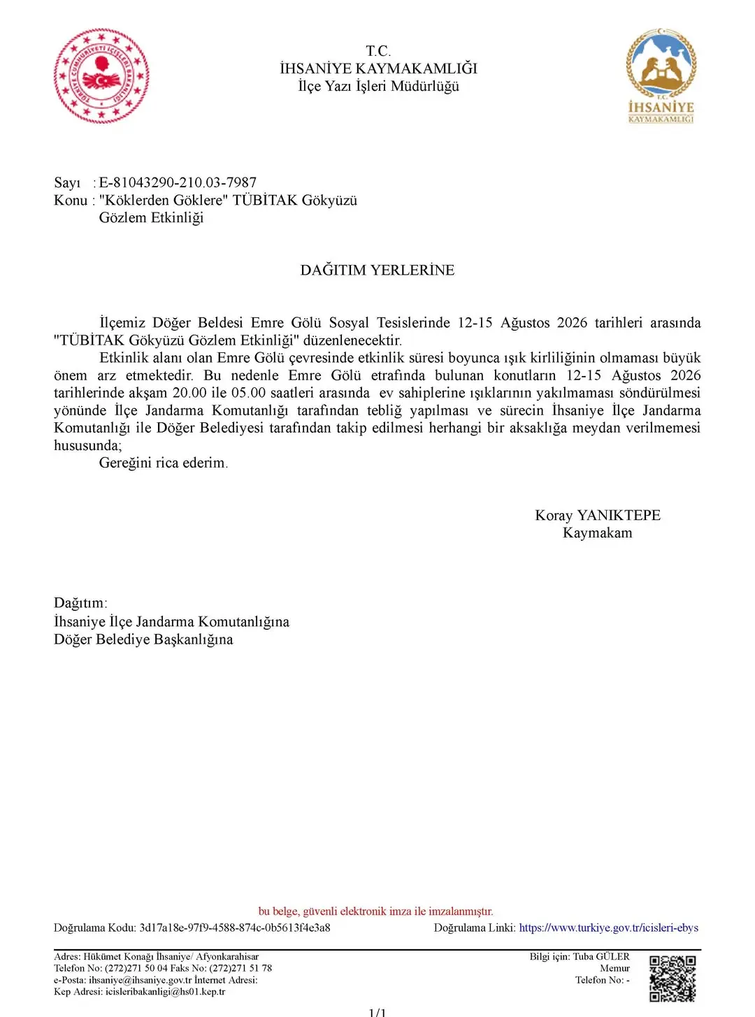 Döğer Emre Gölü'nde TÜBİTAK Gökyüzü Gözlem Etkinliği Düzenlenecek
