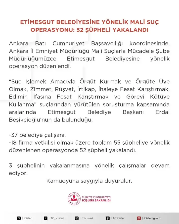 ETİMESGUT BELEDİYESİNE YÖNELİK MALİ SUÇ OPERASYONU: 52 ŞÜPHELİ YAKALANDI