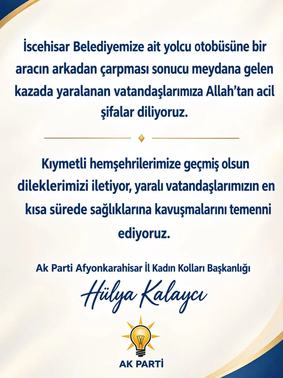 İscehisar Belediyemize ait yolcu otobüsüne bir aracın arkadan çarpması sonucu meydana gelen kazada yaralanan...