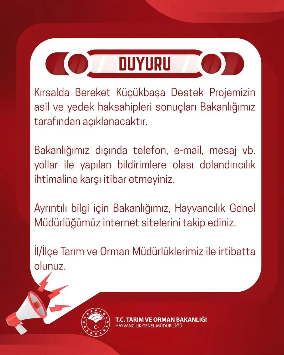 Kırsalda Bereket Küçükbaşa Destek Projesi Asil ve Yedek Hak Sahibi Sonuçları Açıklandı