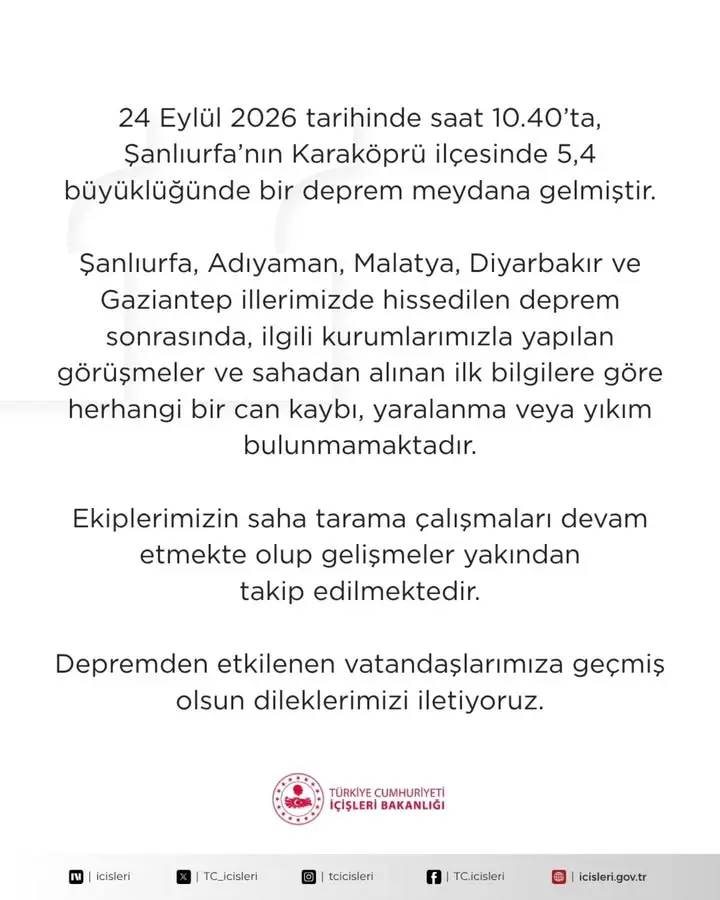Şanlıurfa Karaköprü'de 5,4 Büyüklüğünde Deprem Meydana Geldi