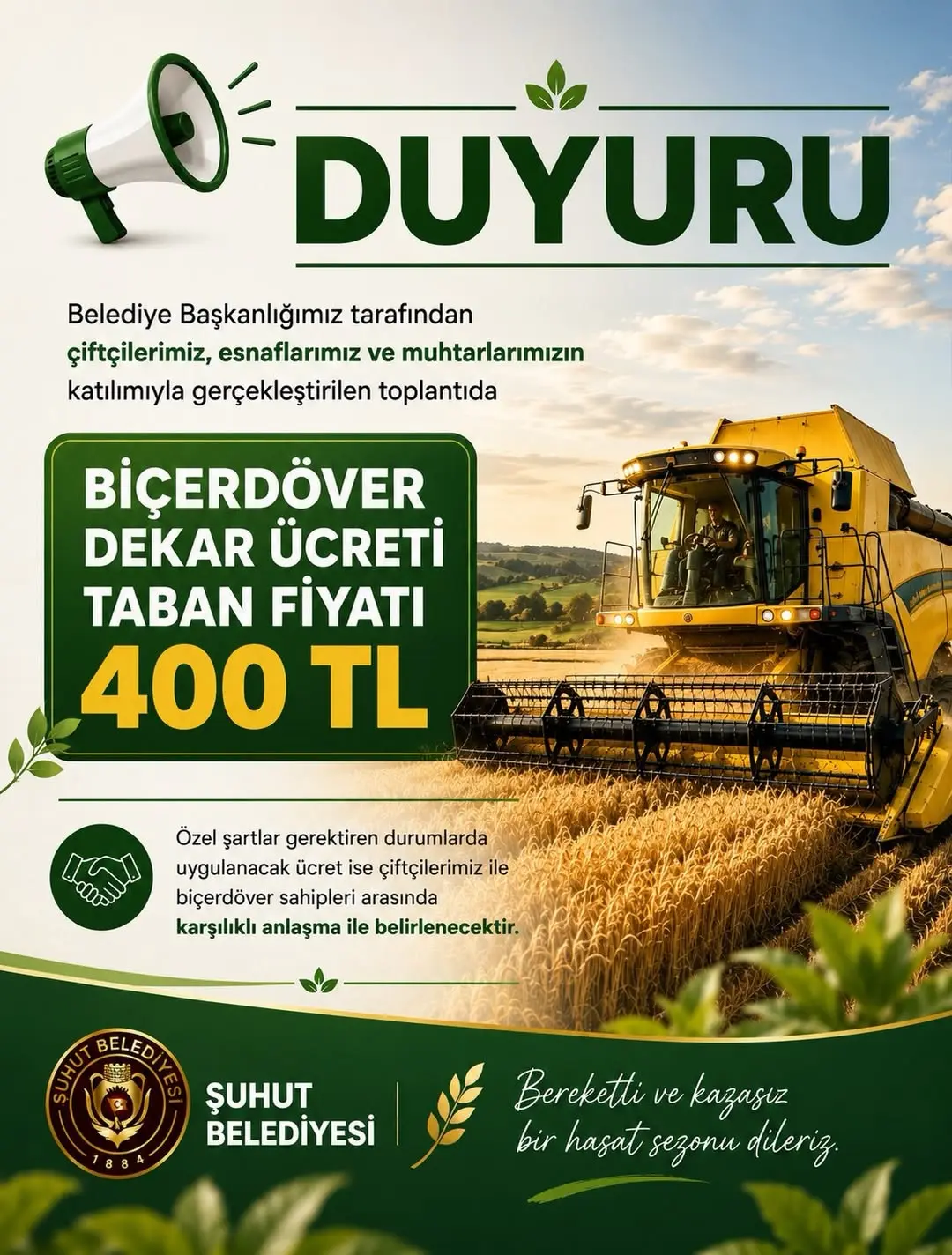 Şuhut Belediye Başkanı Muhuttin Özaşkın Tarafından Yapılan Açıklama: Biçerdöver Dekar Ücreti Belirlendi